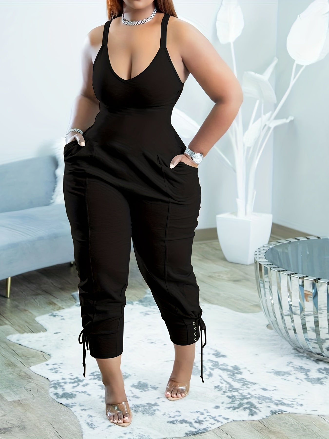 Patch Pocket Drawstring Jumpsuit Casual Sleeveless Jumpsuit