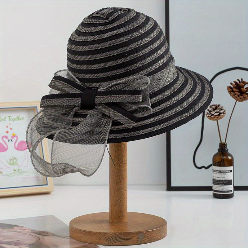 Striped Mesh Breathable Bucket Hats Bowknot Decor Foldable Basin Beach Hat