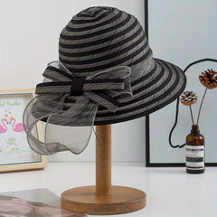 Striped Mesh Breathable Bucket Hats Bowknot Decor Foldable Basin Beach Hat