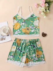 Floral Print Pajama Set V Neck Cami Top & Lace Trim Shorts