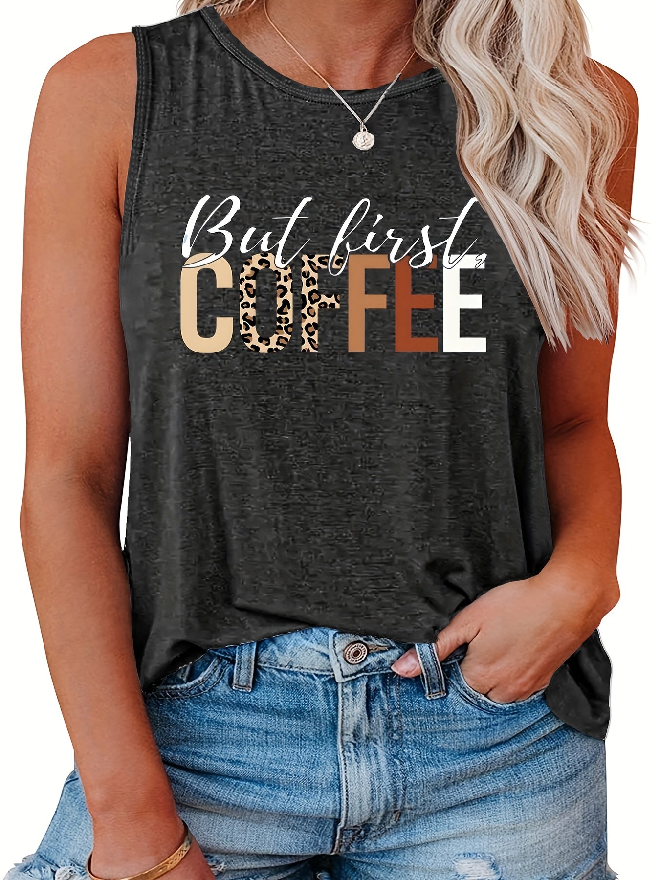  Women's Tank Top Slogan Print Round Neck Stretch Tank Top