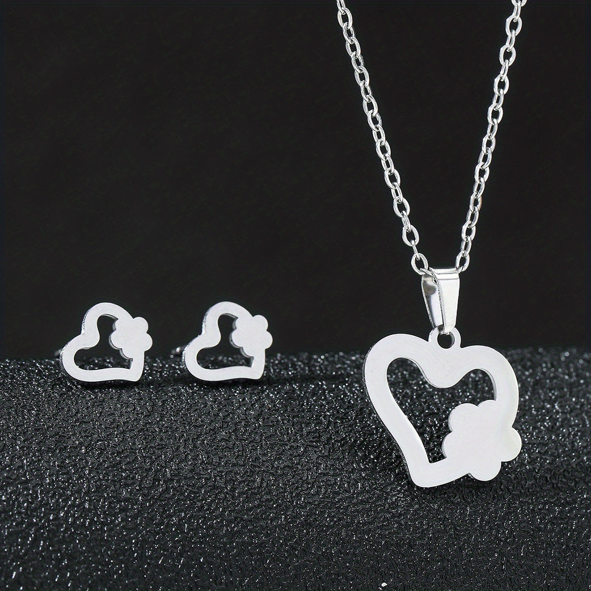 Stainless Steel Butterfly Flower Heart Stud Earrings & Necklace Set