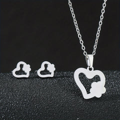 Stainless Steel Butterfly Flower Heart Stud Earrings & Necklace Set