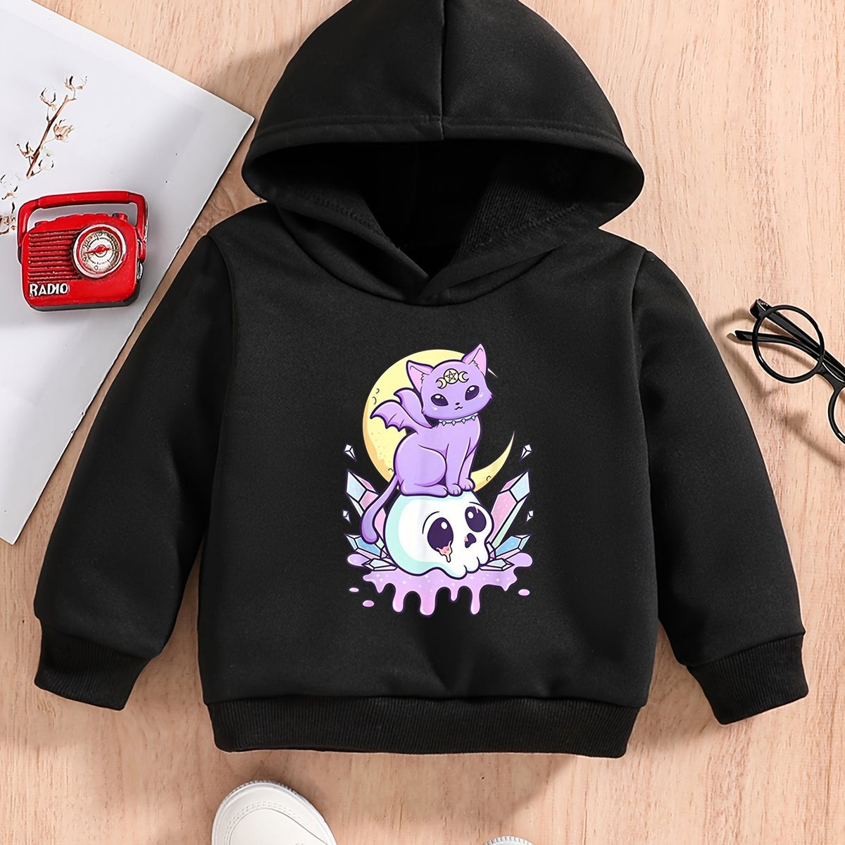 Baby Cartoon Kitty & Skull Halloween Hoodie Kids Pullover