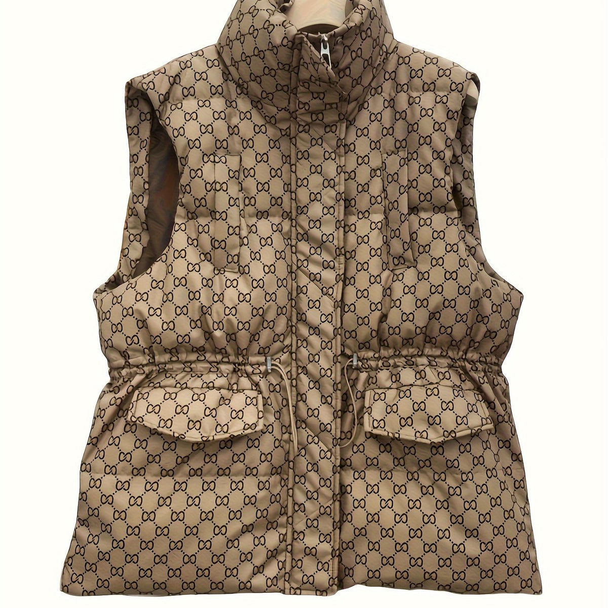 Retro Print Stand Collar Down Vest Lightweight Warm Thickened