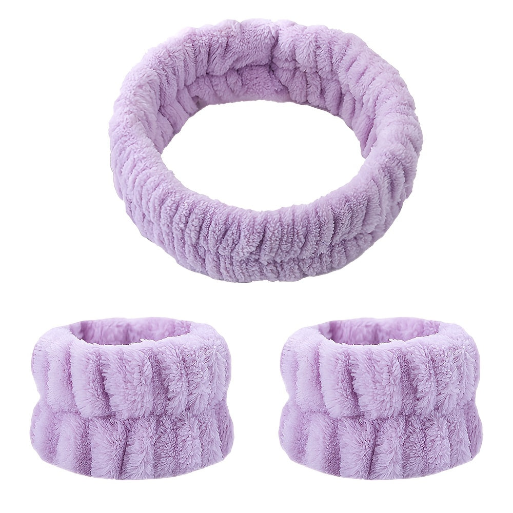 Plush Face Washing Headband & Wrist Wash Bands Set, Soft Makeup Head Wrap
