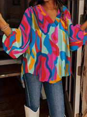 Plus Floral Print Lantern Sleeve V Neck Tunic Top