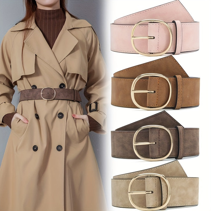 Oval Pin Buckle Wide Belt Vintage Women Coat Dress Belts PU