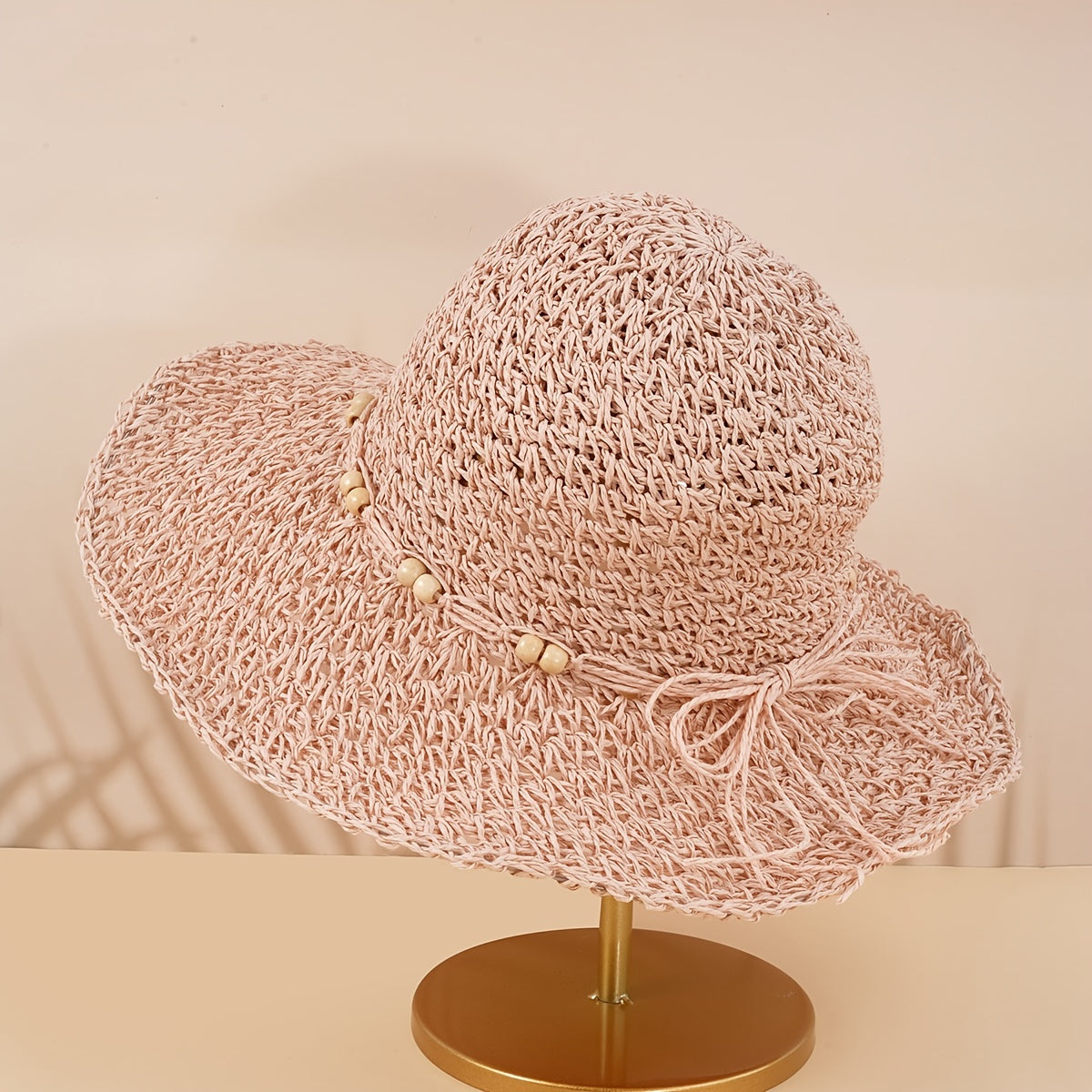 Women's Big Brim Straw Bucket Hat Wooden Bead Rope Decor Fisherman Cap