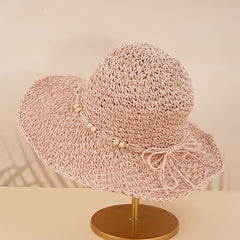 Women's Big Brim Straw Bucket Hat Wooden Bead Rope Decor Fisherman Cap