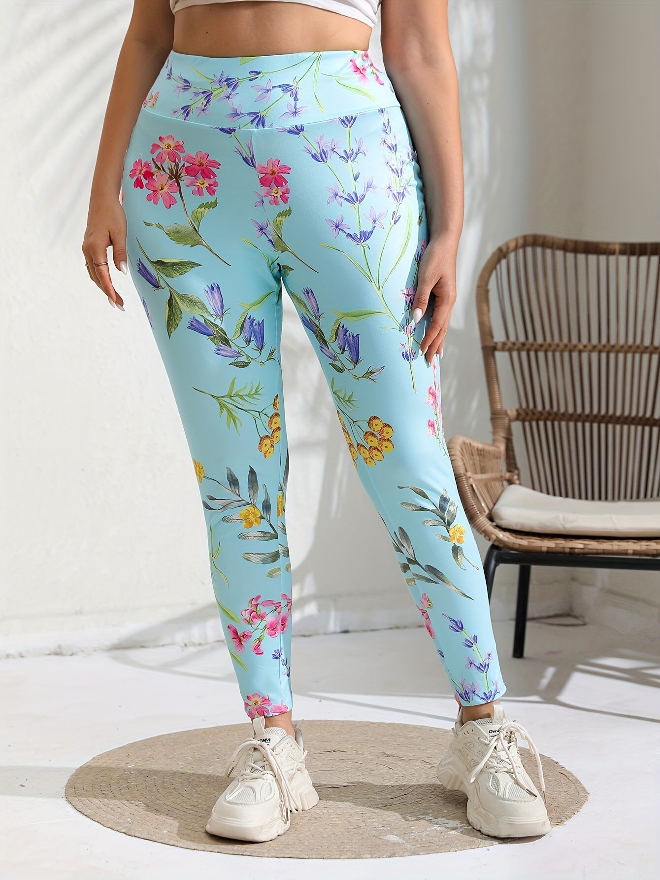  Casual Leggings Women's Plus Floral Print High Rise Leggings