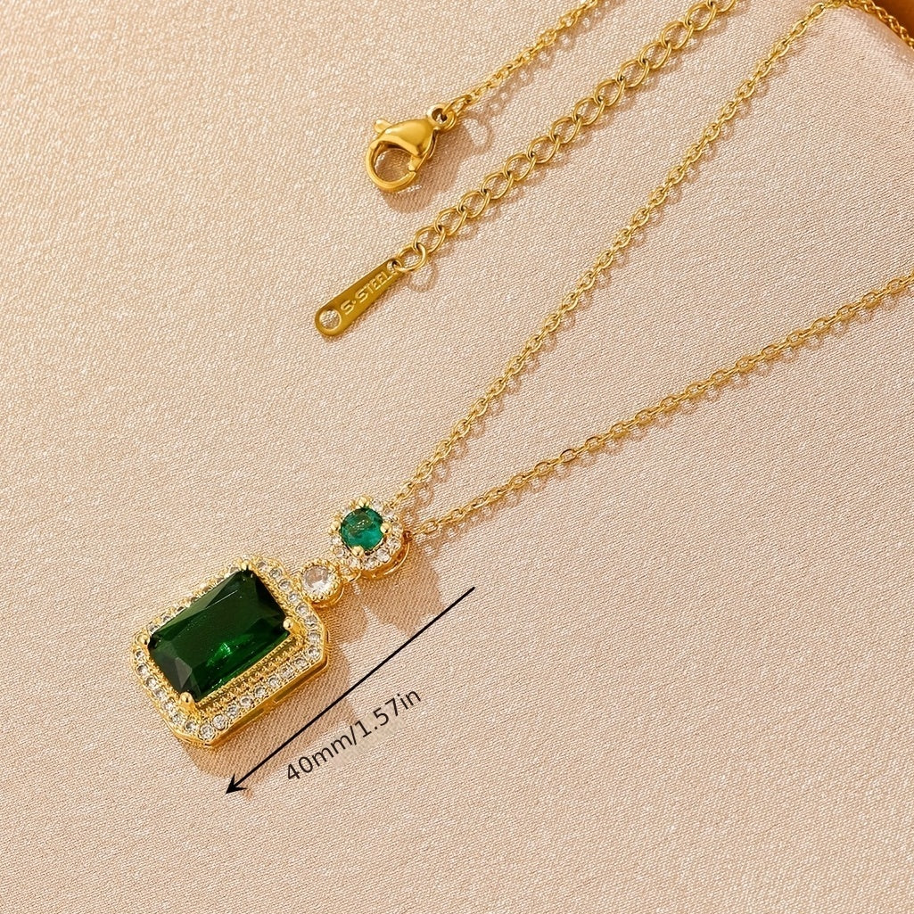 Men's Stainless Steel Rhinestone Necklace Emerald Zircon Gift