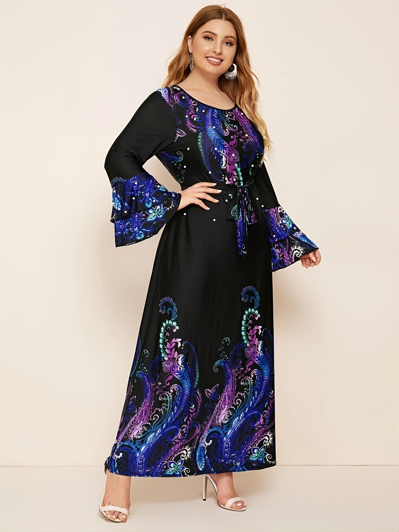 Floral Beaded Pearl Bell Sleeve Maxi Dress Plus Medium