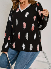  Blouse Women's Feather Print Long Sleeve V Neck Loose Top