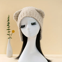 Bear Ears Knit Hat Solid Fleece Beanie Warm Animal Hat Ear Protection