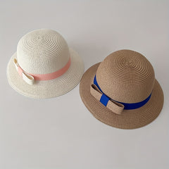 Girls Straw Sun Hat with Bow - Sunshade Bucket Hat