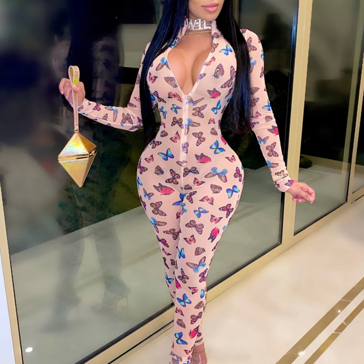 Butterfly Print Zip Up Jumpsuit Long Sleeve Skinny Jumpsuit