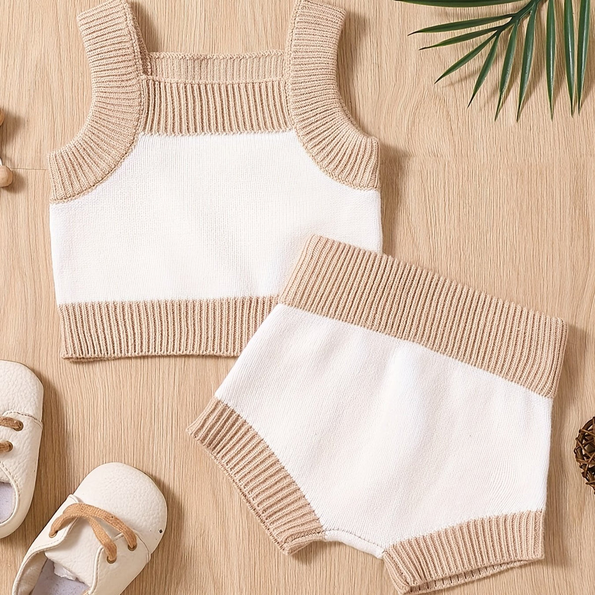 2pcs Baby Girls Casual Block Knit Tank Top & Shorts Set