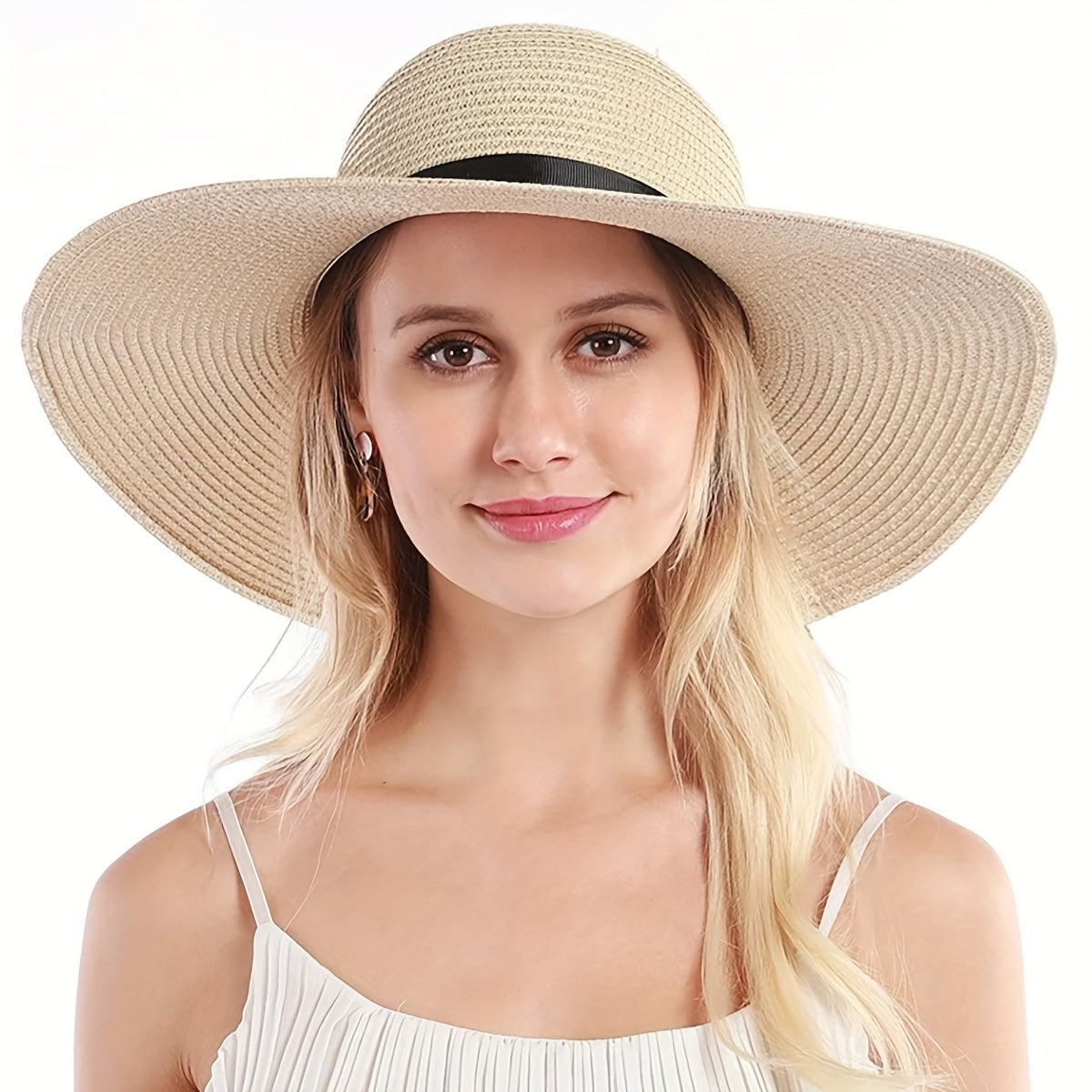 Straw Sun Hat Ribbon Bowknot Solid Sunscreen Beach Hats Floppy Foldable Cap