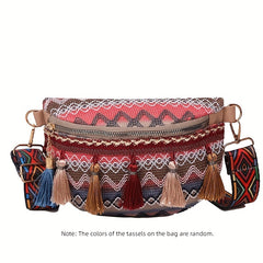 Ethnic Style Crossbody Bag Tassel Decor Canvas Chest Purse