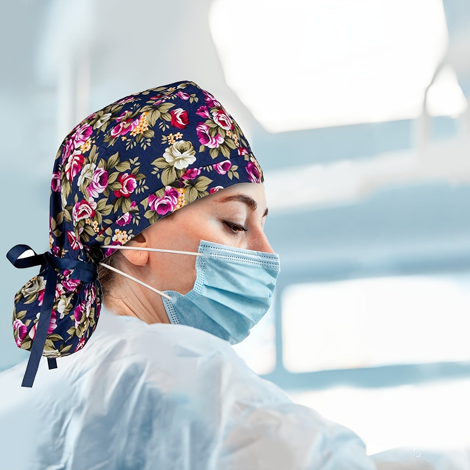 Cartoon Rose Print Work Cap Scrub Cap Adjustable Nurse Hats Elastic Lace Up Cap