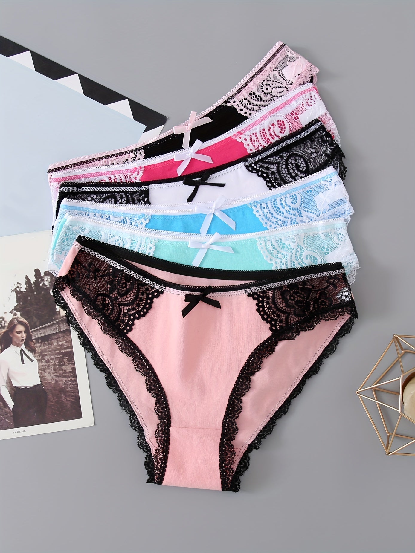 6pcs Bow Lace Bikini Panties Colorblock Intimates Lingerie Underwear