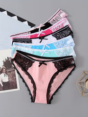 6pcs Bow Lace Bikini Panties Colorblock Intimates Lingerie Underwear