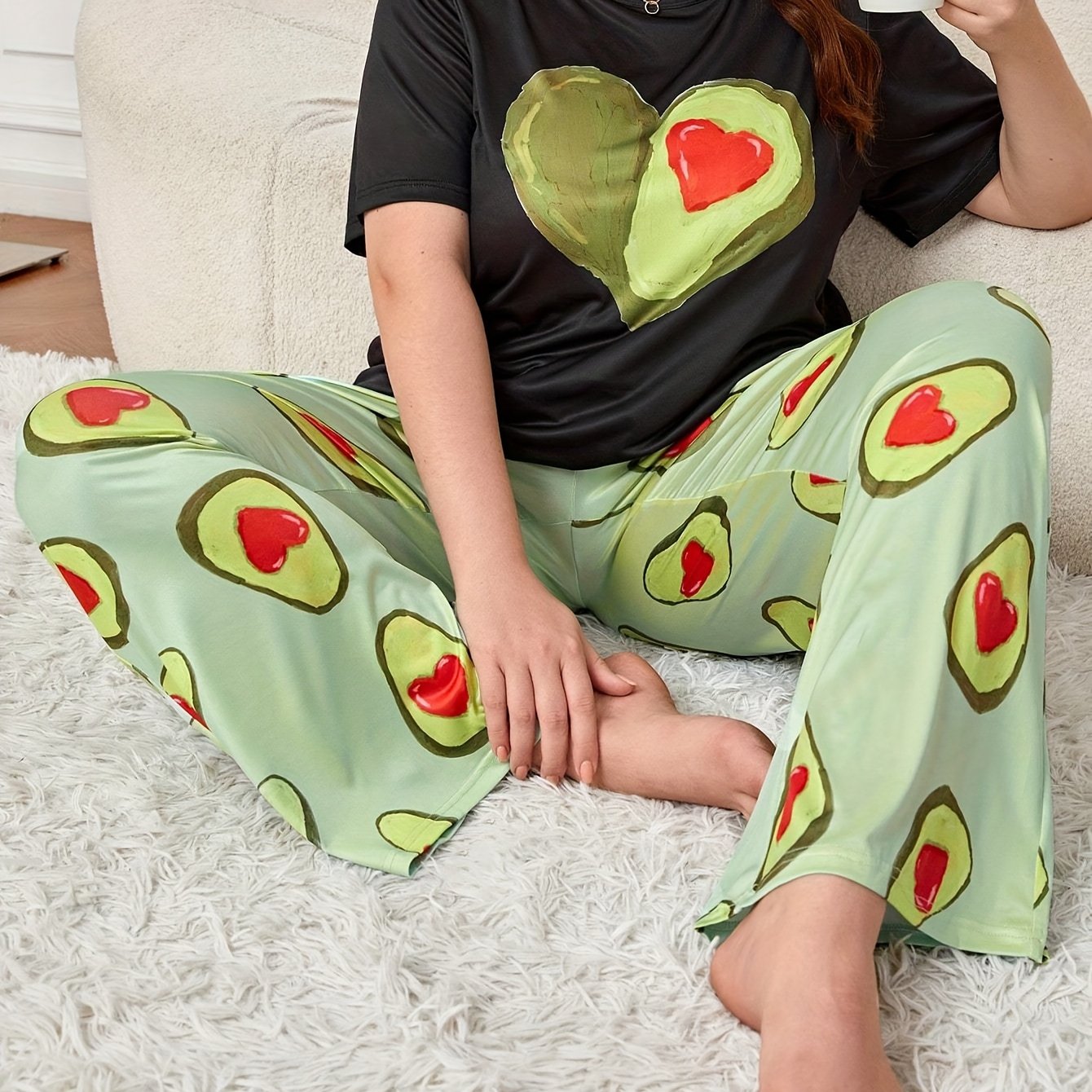  Avocado Print Pajama Set Short Sleeve Tee & Pants Loungewear