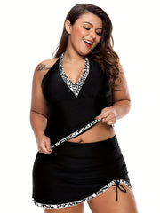  V Neck Halter Top & Lace Up Ruched Split Skirt Swimsuit