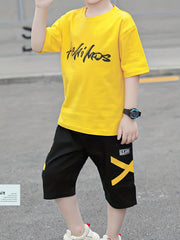 Boys Cartoon & Letter TShirt Set Round Neck Tees Top & Elastic Waist Shorts