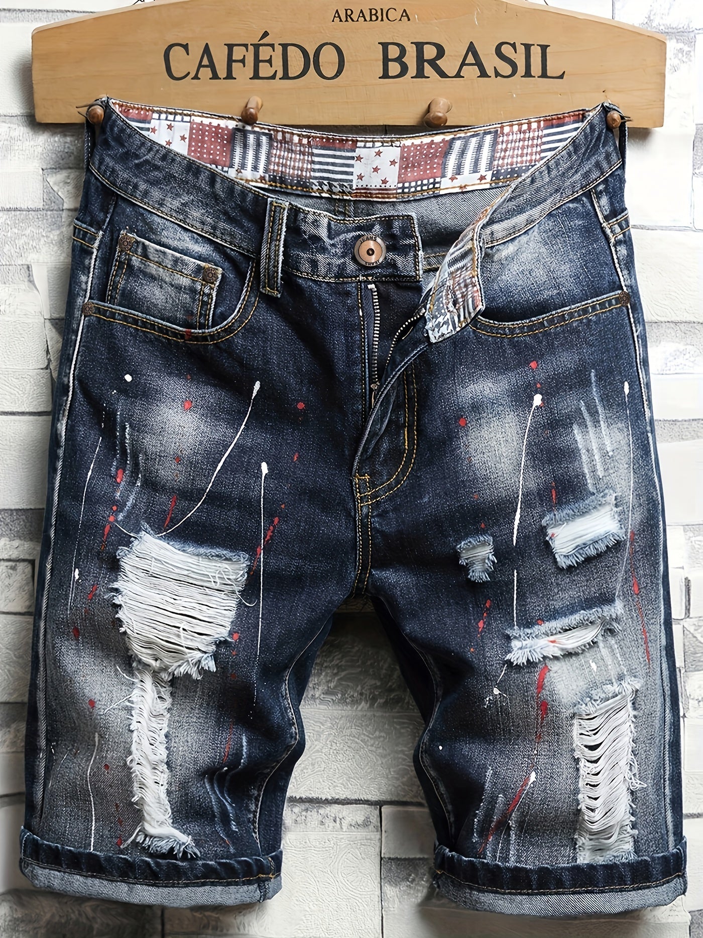 Men's Paint Splatter Ripped Denim Shorts