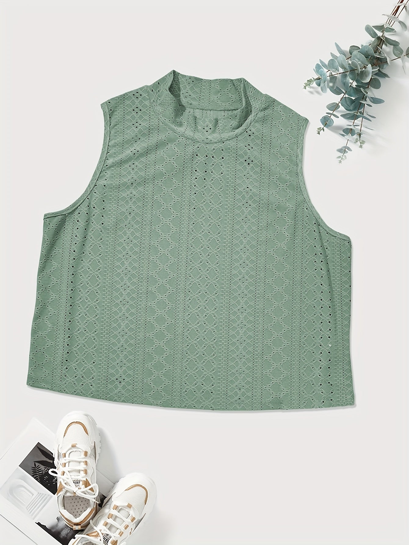  Solid Eyelet Embroidery Mock Neck Tank Top