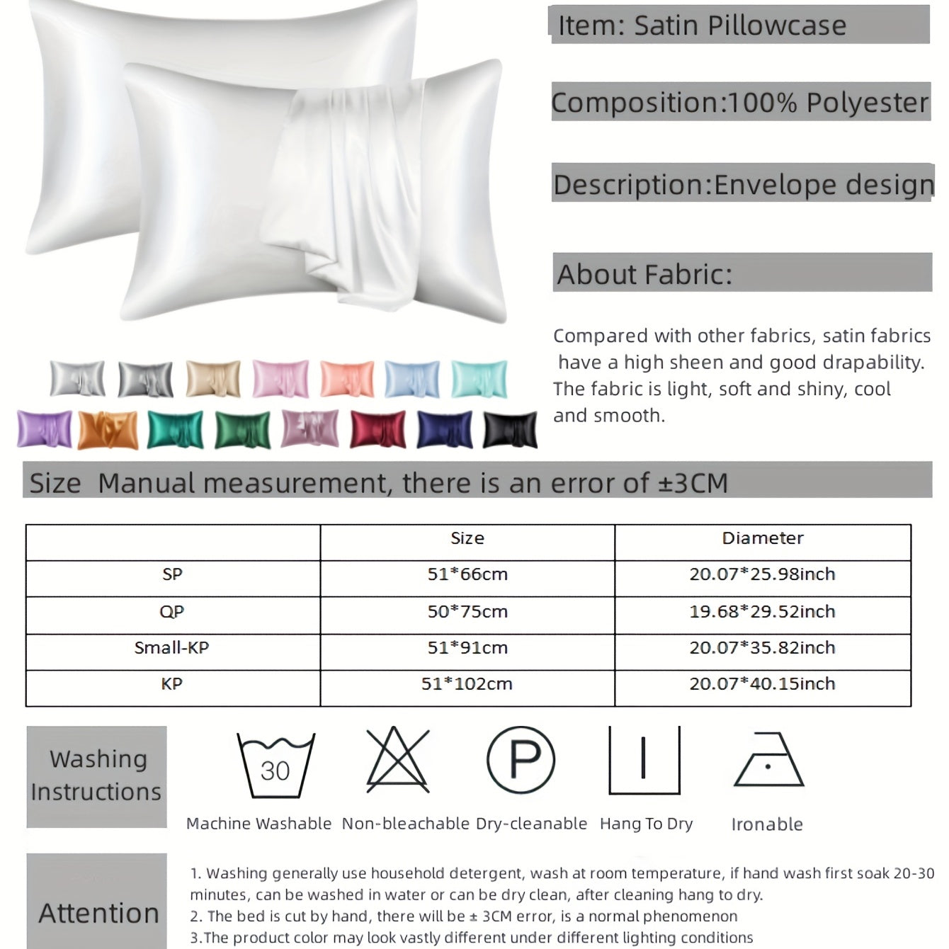 2 Pcs Solid Satin Pillowcases Envelope Closure All Seasons