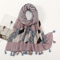 Vintage Plaid Tassel Scarf Dark Pink Shawl Boho Head Wrap
