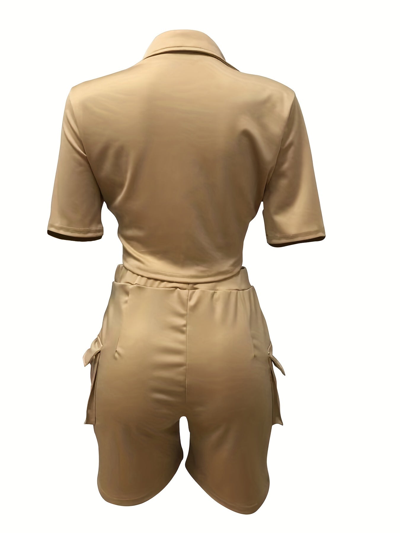 Casual Solid Matching Two Piece Set Short Sleeve Blouse & Flap Pockets Shorts