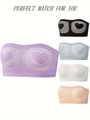 5pcs Heart Pattern Bandeau Bra Hollow Out Breathable Strapless Stretch Bra