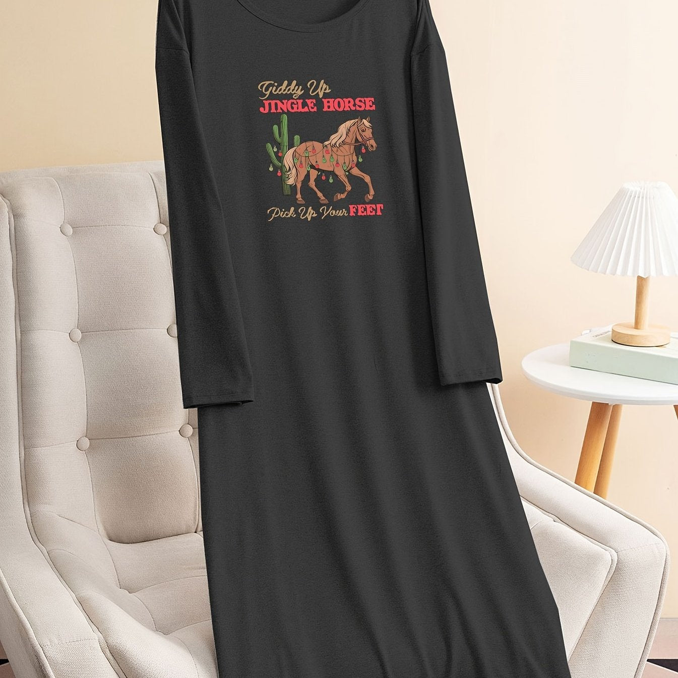  Christmas Horse & String Lights Print Sleep Dress
