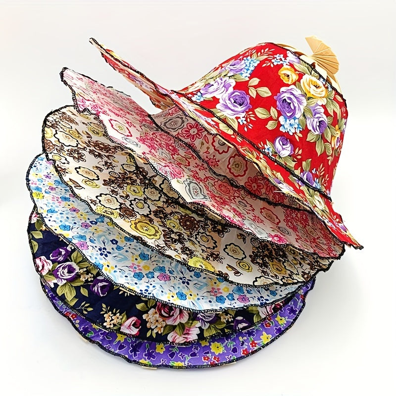 Vintage Floral Print Sun Hat, Bamboo Fan