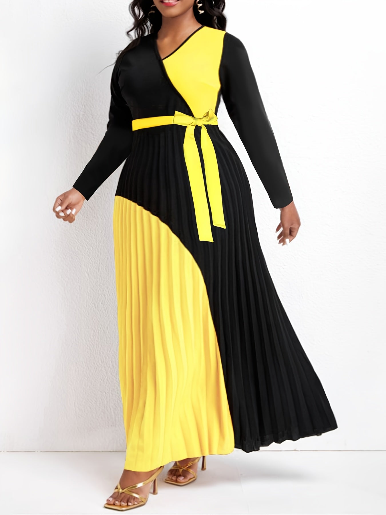  Colorblock Long Sleeve Maxi Dress With Belt