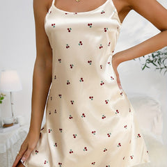 Cherry Print Nightdress Crew Neck Sleep Dress Women's Sleepwear