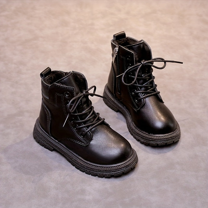 Girls Lace Up Zipper Boots Non Slip Plus Fleece for Autumn Winter