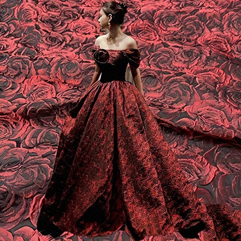 Embossed Deep Red 3D Rose Jacquard Fabric for DIY Sewing Women's Dress Suit Bags