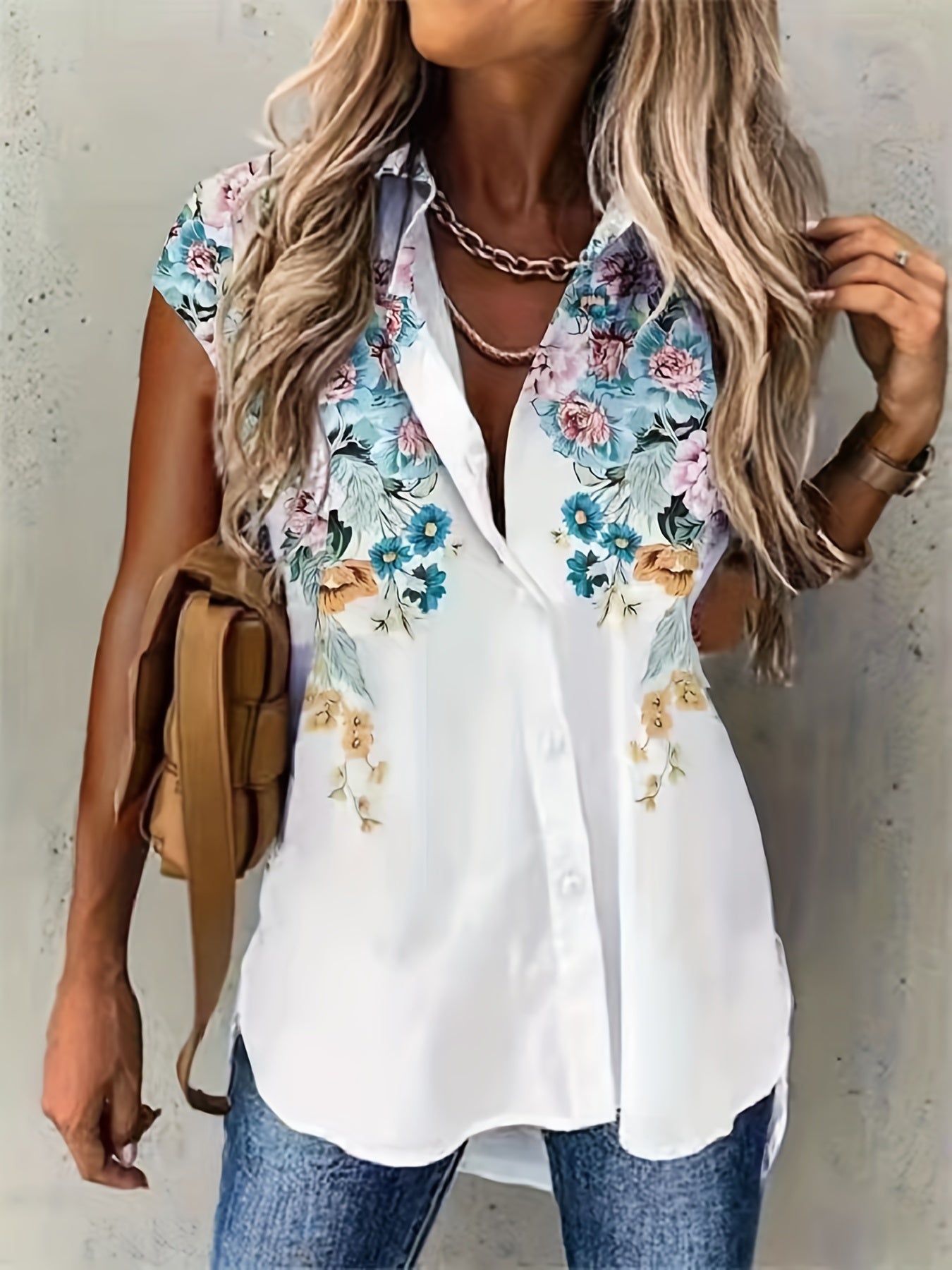  Floral Print Button Up Cap Sleeve Blouse
