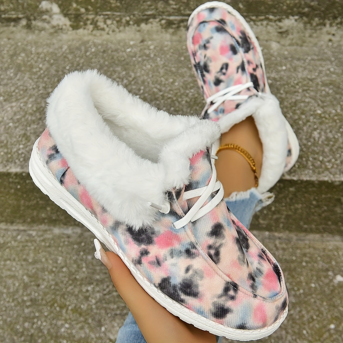 Women's Lace Up Fuzzy Loafers Warm Comfortable Snow Shoes