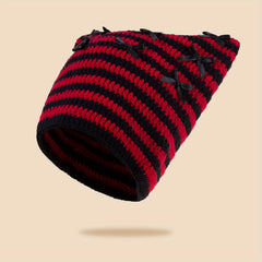 Y2K Striped Cat Ear Beanie Bow Knit Hat Hip Hop Elastic Skull Cap