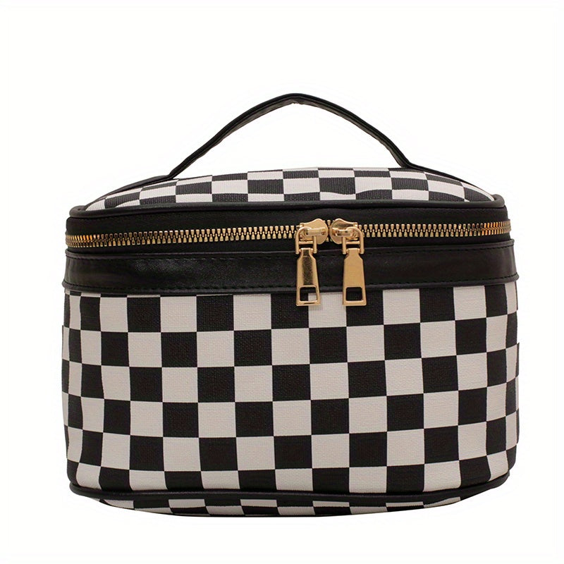 Checkered Print Cosmetic Bag Portable Travel Storage Handbags Women's Zipper Toi