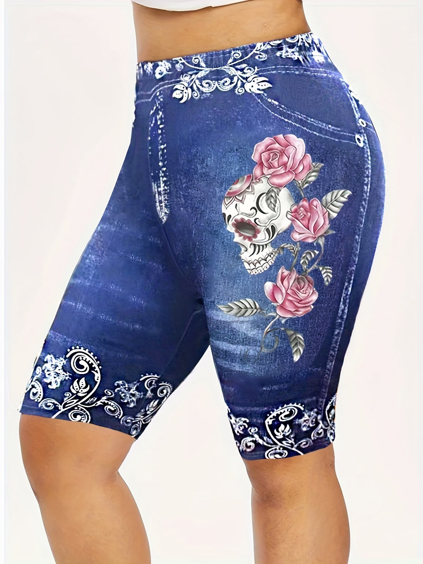  Floral & Skull Print Denim Shorts, Medium Stretch Skinny Fit
