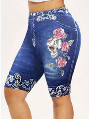  Floral & Skull Print Denim Shorts, Medium Stretch Skinny Fit