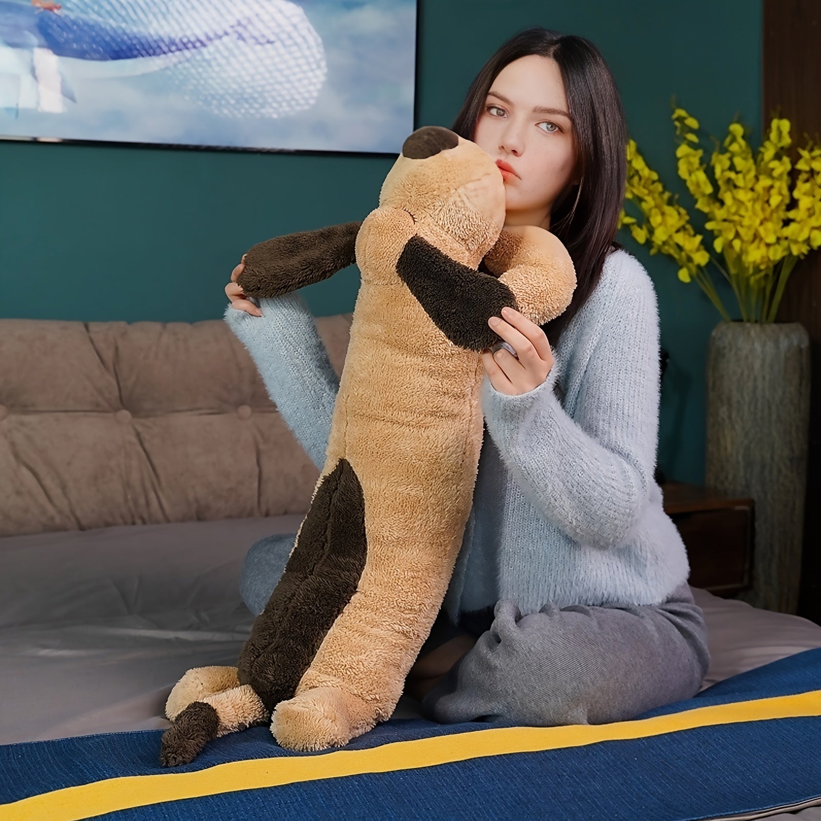 Soft 110cm Plush Dog Pillow in Light Brown Ivory