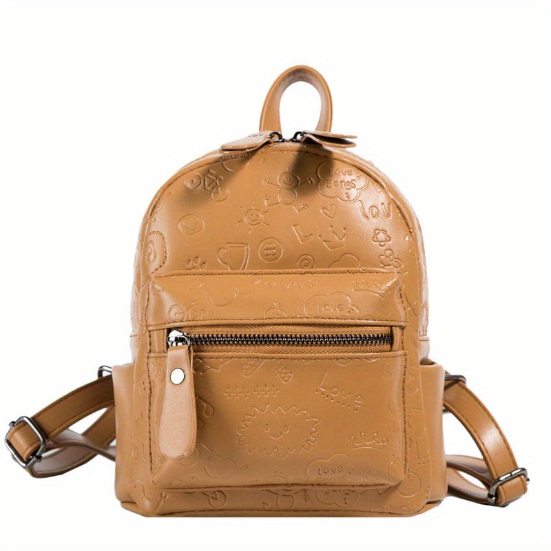 Cartoon Graffiti Embossed Backpack Zipper Solid Rucksack